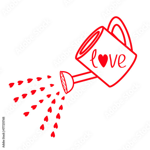 Watering can with red hearts water drops. Love word. Contour line art object. Happy Valentines Day sign symbol. Greeting card. Flat design. White background. Isolated.