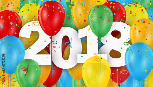 2018 with colourful balloons, streamers and confetti