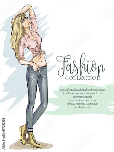 Street style fashion girl advertising banner with logo and text template, beaty woman model sketch hand drawn vector illustration