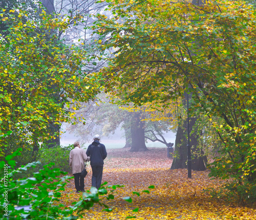 Senior couple enjoying walking in autumn Park