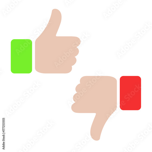 Thumbs up and thumbs down, like and dislike concept. Love, hate, for against, true, false, yes, no. Red and green design. Illustration symbol of hand success or fail. Social icon.