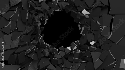 Abstract 3d rendering of shattered black surface. destructed wall.