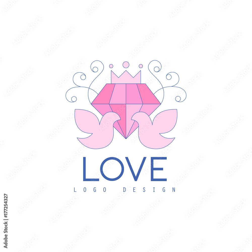 Cute line logo design with love doves and diamond Cute line logo design with love doves and diamond