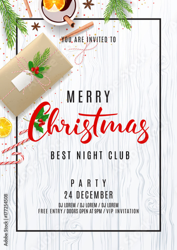 Invitation Poster to Merry Christmas Party. Top view on Festive Decoration. Holiday Composition with Gift Box and Confetti on Wooden Texture. Greeting Card with Lettering. Vector Illustration.