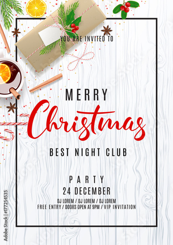 Invitation Flyer to Merry Christmas Party. Top view on Festive Decoration. Holiday Composition with Gift Box and Confetti on Wooden Texture. Greeting Card with Lettering. Vector Illustration.