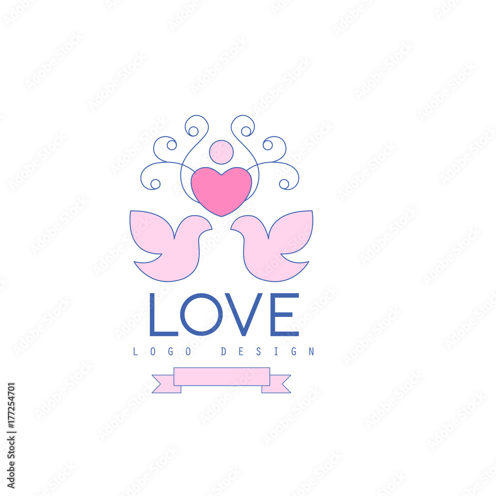 Wedding line logo with love doves, heart and curlicue