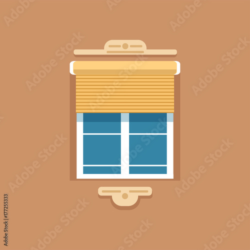 Flat window with jalousie and decorative facade cornice