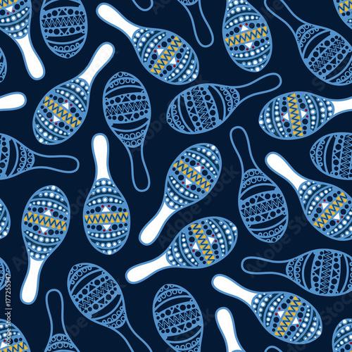 Seamless pattern with national musical instruments of Mexico maracas. Celebratory background. Vector illustration.