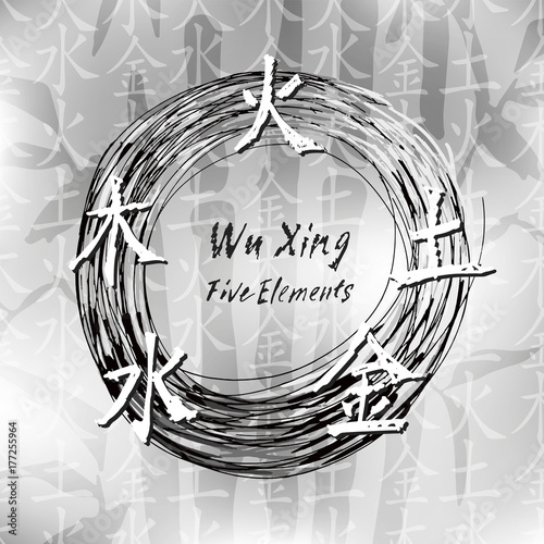 Five Feng Shui Elements Set - Chinese Wu Xing symbols. Translation of chinese hieroglyphs- wood, fire, earth, metal, water.
