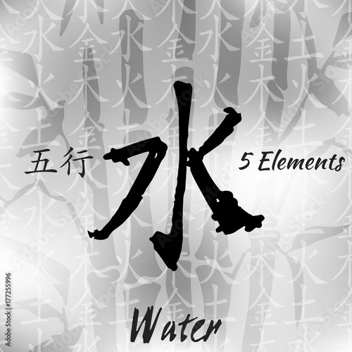 Five Feng Shui Elements Set - Chinese Wu Xing symbols. Translation of chinese hieroglyphs- wood, fire, earth, metal, water.
