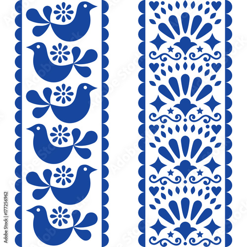 Folk art seamless pattern - Mexican style long stripes design with birds and flowers in navy blue
