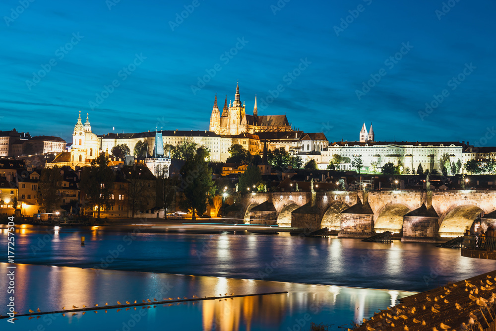 view of historical center of Prague durin beautiful sunset with castle, Hradcany, Czech Republic