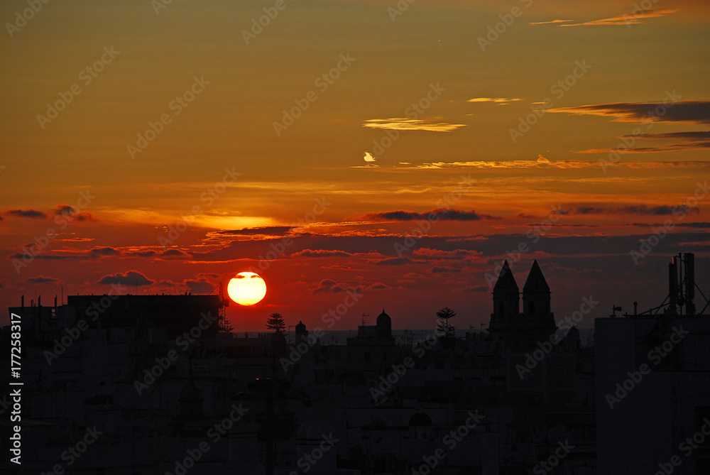 Sunset, skyline of Cadiz, Spain
