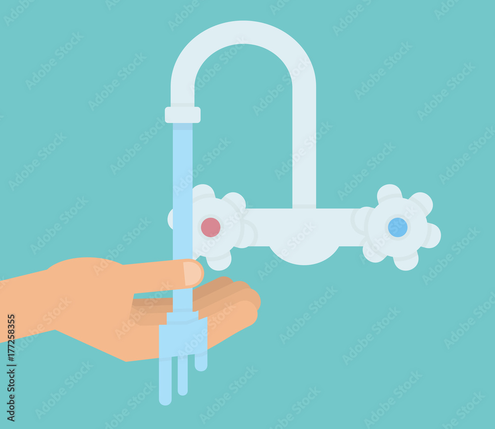 Washing hands concept. Opened palm under the water tap