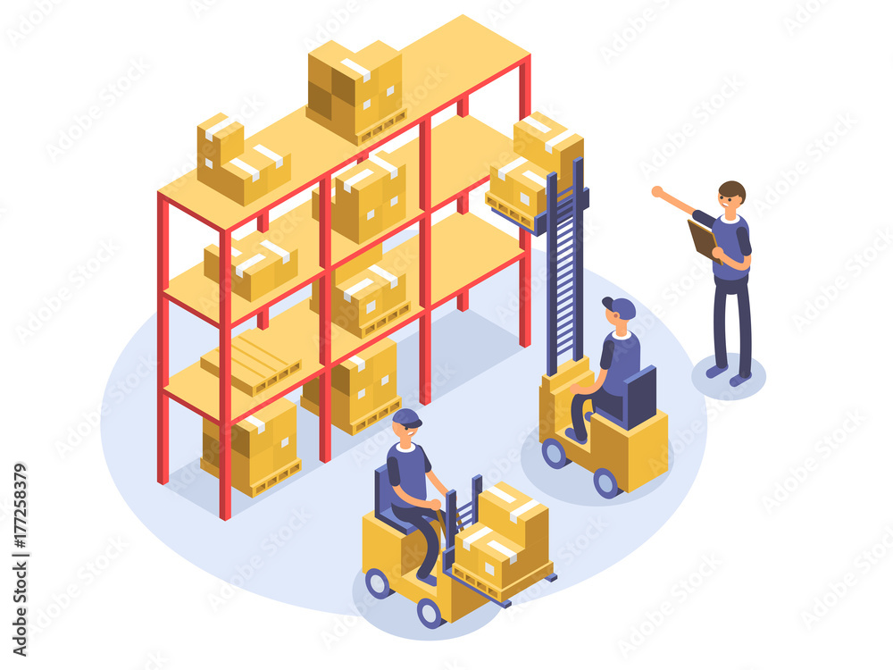 Fast delivery concept. Warehouse, loader, man, workers. Product goods shipping transport. Isometric 3d illustration. Fast delivery concept. Warehouse, loader, man, workers. Product goods shipping transport. Isometric 3d illustration.