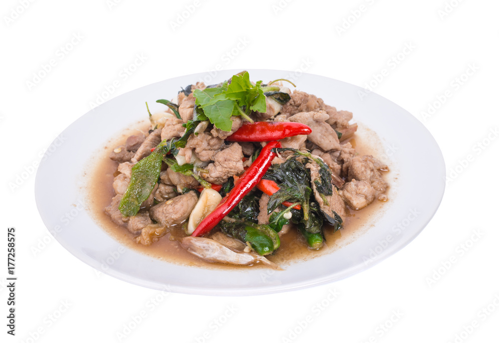 Close up Rice topped with stir fried minced pork and basil Close up Rice topped with stir fried minced pork and basil