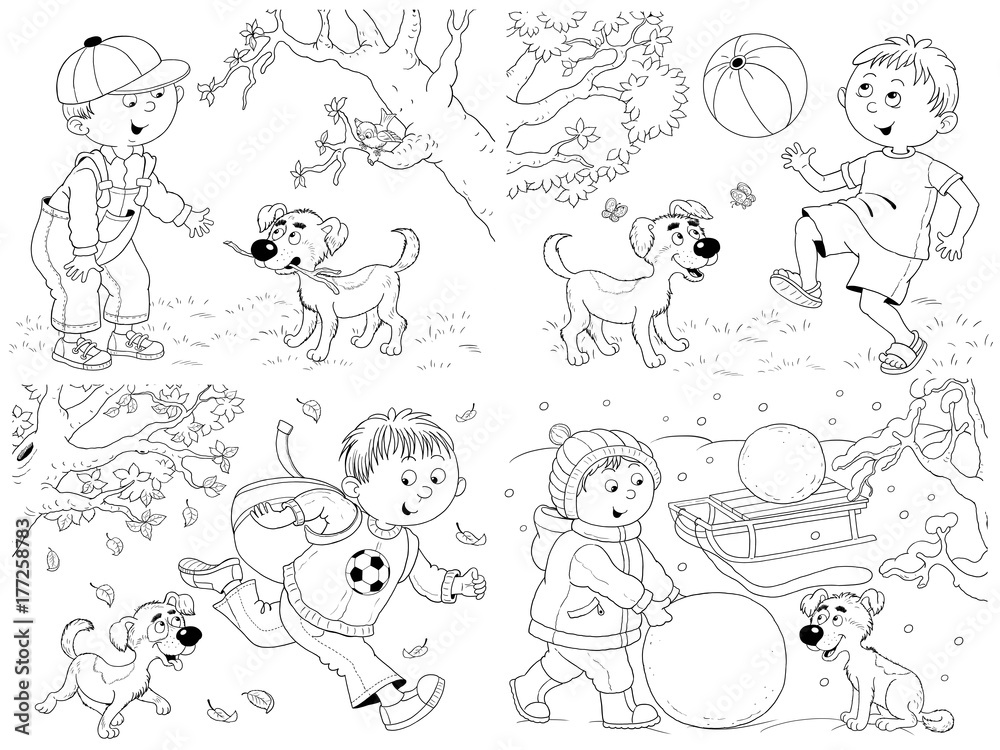 Four seasons. Coloring page. Poster. A cute boy and his puppy. Funny cartoon characters Four seasons. Coloring page. Poster. A cute boy and his puppy. Funny cartoon characters