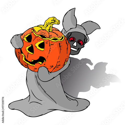 Holiday Halloween,ghost and pumpkin, cartoon on white background,