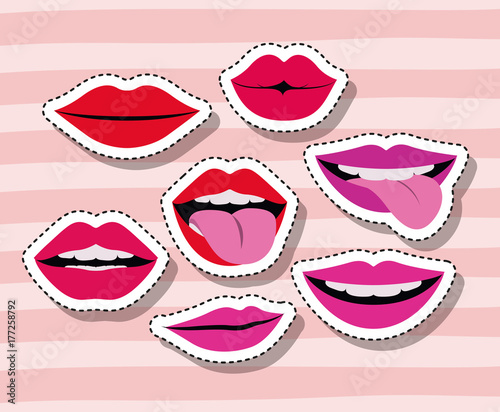 lips and mouth sticker set gesture on pop art linear color background