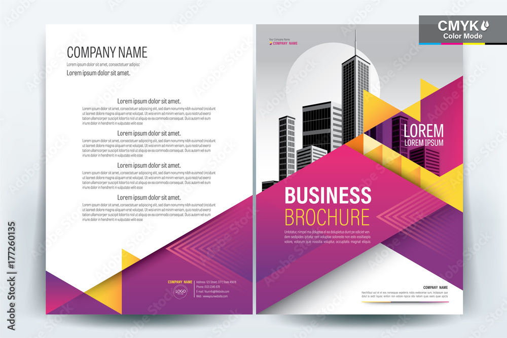 Brochure Cover Layout with purple and yellow , A4 Size Vector Template