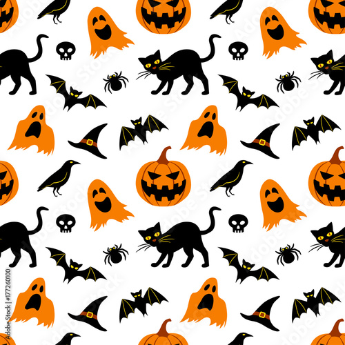 Vector seamless pattern for Halloween. Seamless background with Halloween elements  jack-o-lantern  black cat  ghosts  raven  bats  witch   s hat  skull and spider