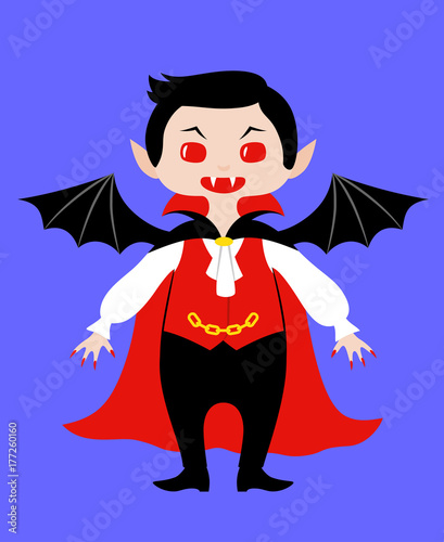 Kid wearing costume of vampire for Halloween. Vector flat illustration in chibi style. Isolated on blue background