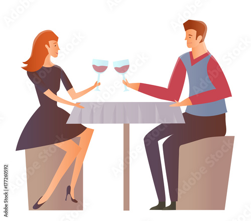 Young happy couple on a date at the restaurant. Man and woman drink wine at a romantic dinner. Vector Illustration, isolated on white background.