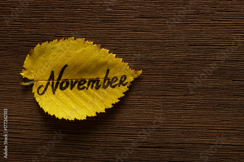 Yellow leaf with inscription NOVEMBER on dark wooden board background. Copy space.