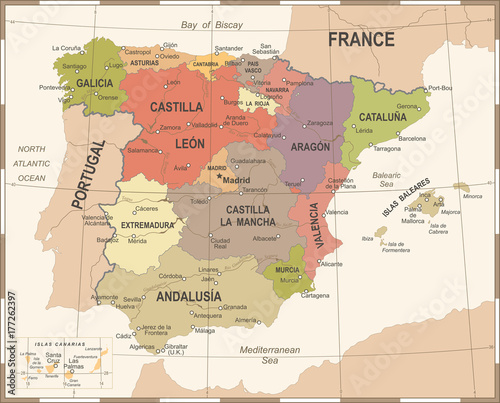 Photo Spain Map - Vintage Vector Illustration