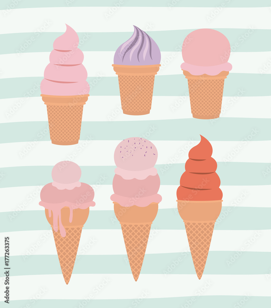 set of ice cream cones over decorative lines color background set of ice cream cones over decorative lines color background