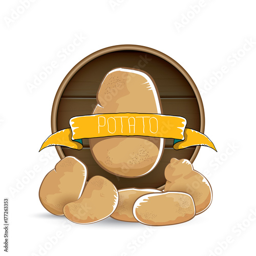 vector sweet brown potato label with pile of potatoes isolated on wooden round background.