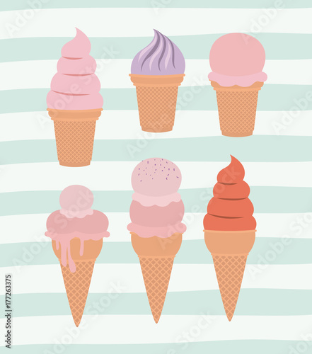 set of ice cream cones over decorative lines color background