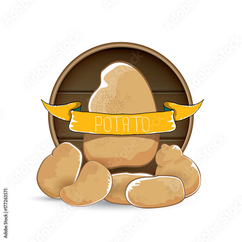 vector sweet brown potato label with pile of potatoes isolated on wooden round background.