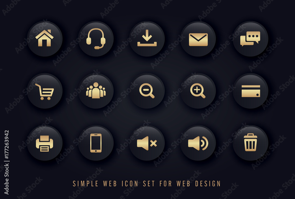 simple web icon gold on black button background vector set