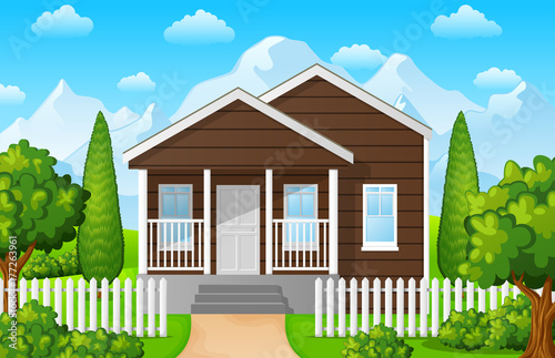 Mountain landscape with family house on blue sky background