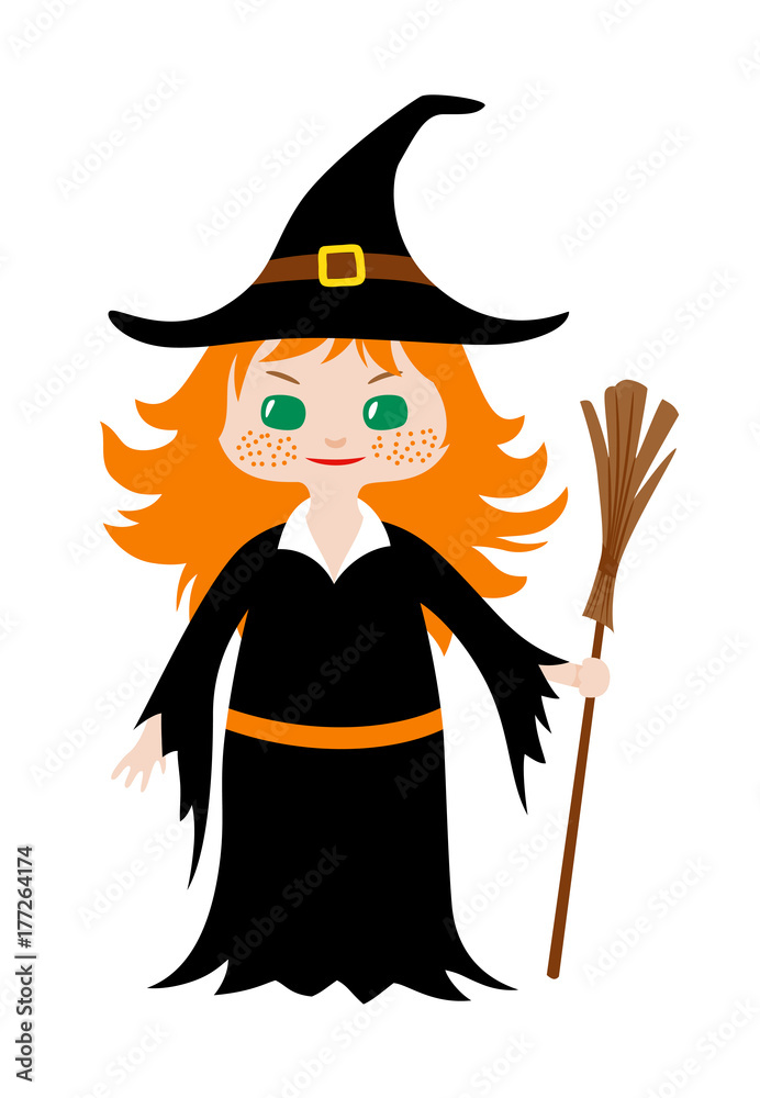 Little girl with red hair and green eyes holding broom in her hand dressed in witch costume for Halloween. Vector flat illustration in chibi style