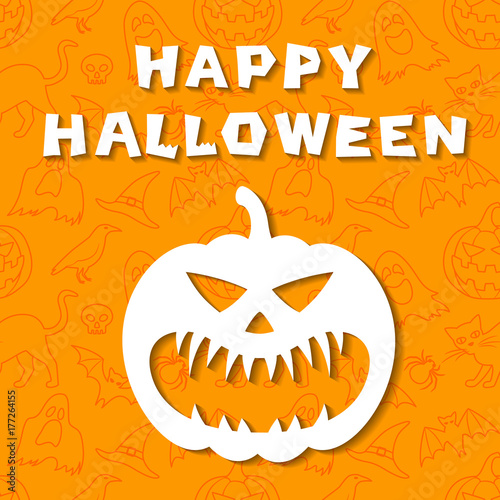 Happy Halloween greeting card. Image of carved pumpkin with evil face. Orange background with outline elements. Vector illustration