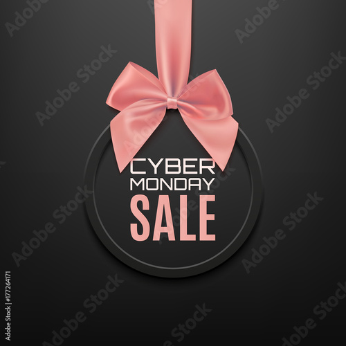 Cyber Monday sale round banner with pink ribbon and bow.