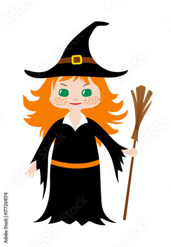 Little girl with red hair and green eyes holding broom in her hand dressed in witch costume for Halloween. Vector flat illustration in chibi style