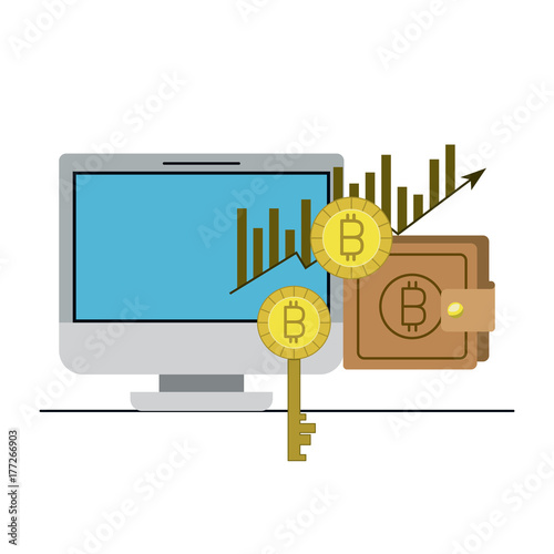 bitcoin statistics bars growing currency and key and wallet and desktop computer