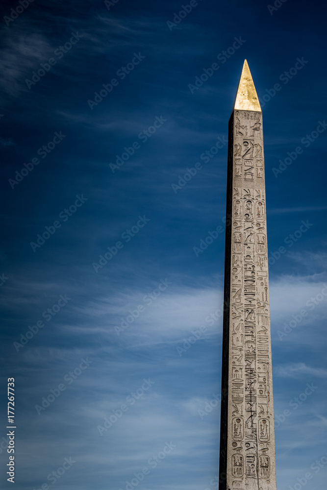 Egyptian Luxor obelisk with hieroglyphics. Place de la Concorde. Paris, France. 