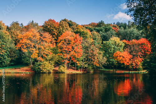 Autumn colorful forest reflected in the lake.