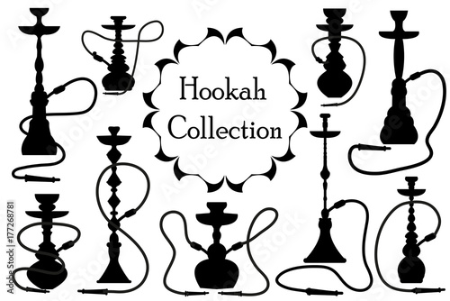 Hookah icon set black silhouette, outline style. Arabic hookahs collection of design elements, logo. Isolated on white background. Lounge bar logos concept. Vector illustration