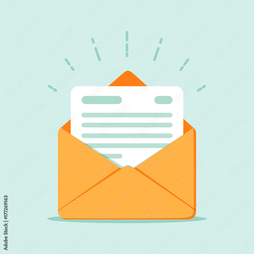 Open envelope with a document. New letter. Sending correspondence. - obrazy, fototapety, plakaty 