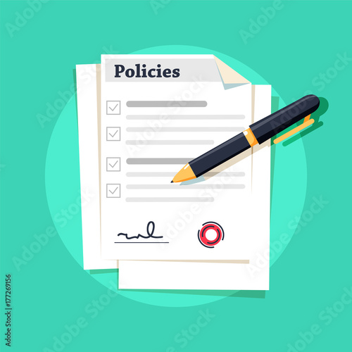Policies document. Policies regulation concept list document company clipboard, vector illustration.