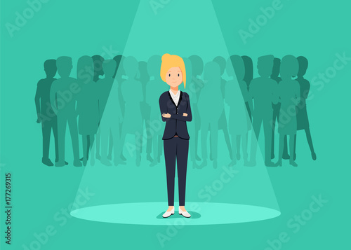 Business recruitment or hiring vector concept. Looking for talent. Businesswoman standing in spotlight or searchligh