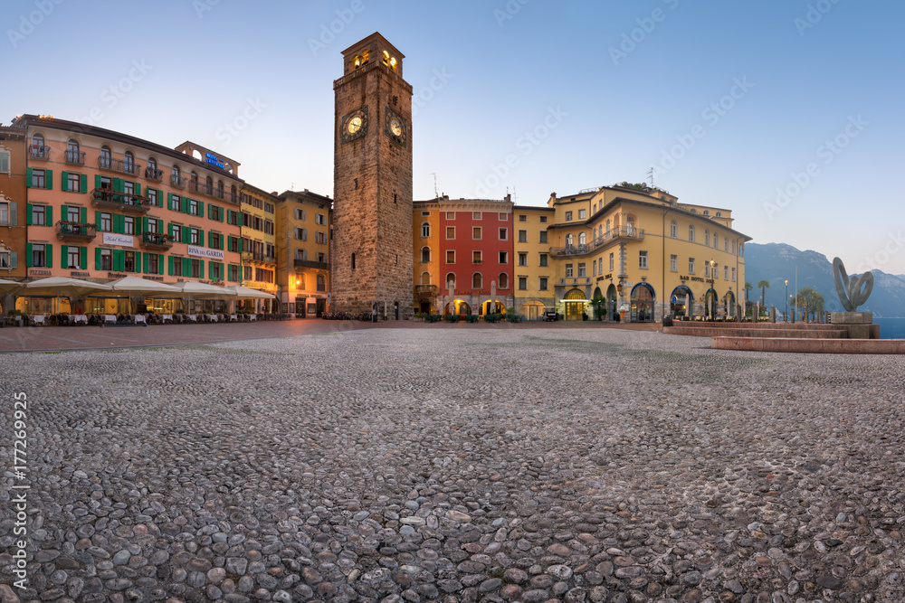Panorama of Piazza III November and Aponale Tower in the Morning, Riva del Garda, Italy