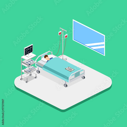 Isometric 3D vector illustration interior of hospital room with patient and dropper