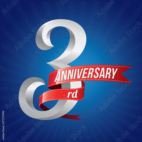3 years anniversary celebration logotype. 3nd logo with red ribbons on blue background