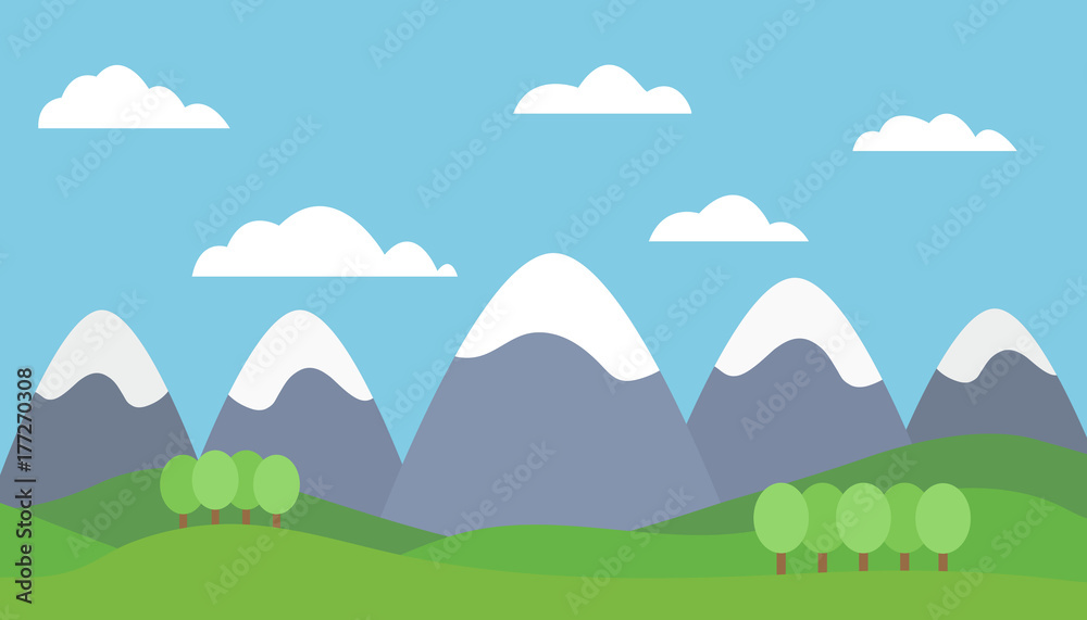 Vector illustration of a mountain landscape with trees and grass with mountain peaks covered with snow under a blue sky with clouds Vector illustration of a mountain landscape with trees and grass with mountain peaks covered with snow under a blue sky with clouds